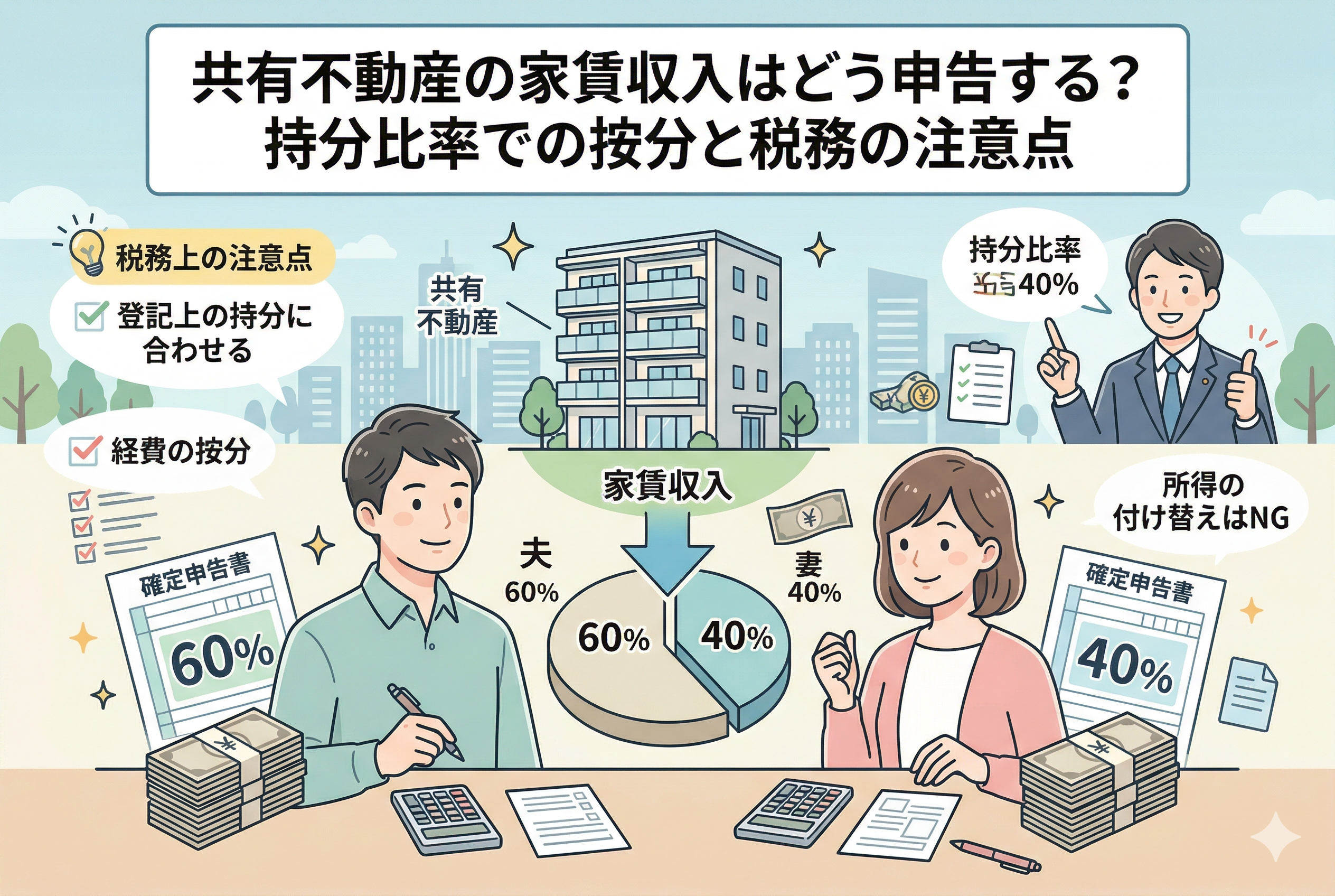 共有名義の不動産における家賃収入の確定申告方法を図解したインフォグラフィック。中央のマンションから生じる家賃収入を、夫60%・妻40%という登記上の持分比率に従って円グラフで按分し、それぞれの確定申告書に記載する様子が描かれています。「登記上の持分に合わせる」「経費の按分」「所得の付け替えはNG」といった税務上の注意点が、電卓や書類を持つ夫婦のイラストと共に視覚的にまとめられています。