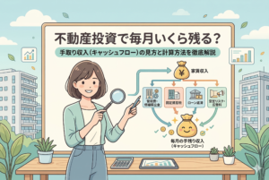 不動産投資のキャッシュフロー計算を解説するイラスト。女性が放大鏡とペンで、「家賃収入」から「管理費・修繕積立金」「固定資産税」「ローン返済」「空室リスク・広告料」を差し引いて「毎月の手残り収入（キャッシュフロー）」を導き出す図式を示しています。背景にはマンションが描かれています。