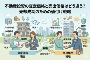 不動産投資の査定価格と売出価格の違いを対比させたイラスト。左側には「査定価格（現実）」として、プロが収益性や市場相場を電卓やデータで分析する様子が描かれ、右側には「売出価格（戦略）」として、希望価格や交渉の幅を考慮してオーナーと担当者が握手する様子が描かれている。中央の「売却の流れ」が成功へと続く構成になっている。