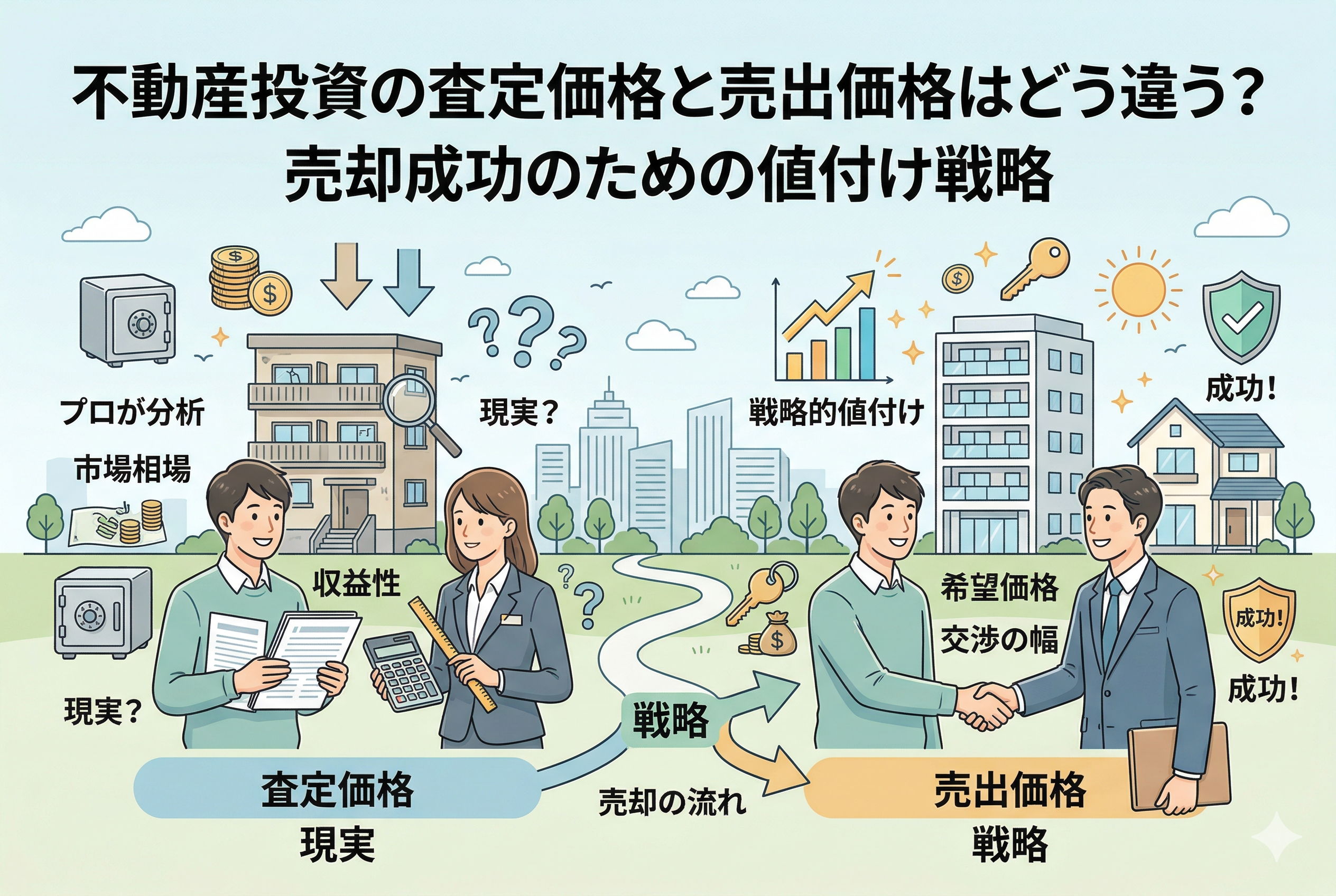 不動産投資の査定価格と売出価格の違いを対比させたイラスト。左側には「査定価格（現実）」として、プロが収益性や市場相場を電卓やデータで分析する様子が描かれ、右側には「売出価格（戦略）」として、希望価格や交渉の幅を考慮してオーナーと担当者が握手する様子が描かれている。中央の「売却の流れ」が成功へと続く構成になっている。