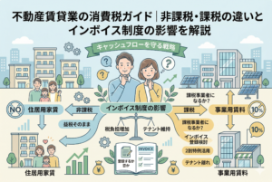 不動産賃貸業の消費税の仕組みを図解したインフォグラフィック。左側に「住居用家賃（非課税）」、右側に「事業用賃貸料（課税）」の違いを配置。中央ではオーナーがインボイス制度の影響について悩み、天秤を用いて「税負担増加」と「テナント維持」のバランスや、2割特例の活用を検討している様子を描いた、キャッシュフローを守る戦略のための画像。