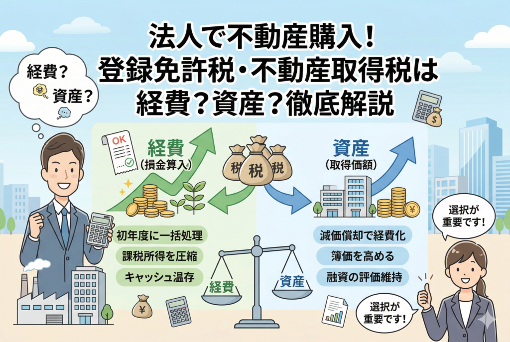法人で不動産を取得した際の登録免許税と不動産取得税の会計処理を比較したインフォグラフィック。左側には「経費(損金算入)」として初年度に一括処理し、課税所得の圧縮やキャッシュを温存するメリット、右側には「資産(取得価額)」に含めて減価償却を行い、簿価を高めて融資評価を維持するメリットが描かれています。中央の天秤が、経営戦略に合わせた選択の重要性を表現しています。