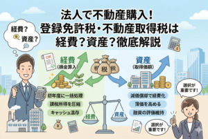 法人で不動産を取得した際の登録免許税と不動産取得税の会計処理を比較したインフォグラフィック。左側には「経費（損金算入）」として初年度に一括処理し、課税所得の圧縮やキャッシュを温存するメリット、右側には「資産（取得価額）」に含めて減価償却を行い、簿価を高めて融資評価を維持するメリットが描かれています。中央の天秤が、経営戦略に合わせた選択の重要性を表現しています。