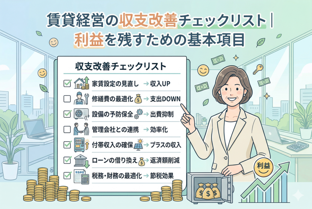 笑顔の女性大家が指さす「賃貸経営の収支改善チェックリスト」のイラスト。チェックリストには家賃設定の見直し、修繕費の最適化、ローンの借り換え、税務財務の最適化などの基本項目が書かれている。背景には山積みのコインと「利益」の文字が入った右肩上がりのグラフが描かれている。