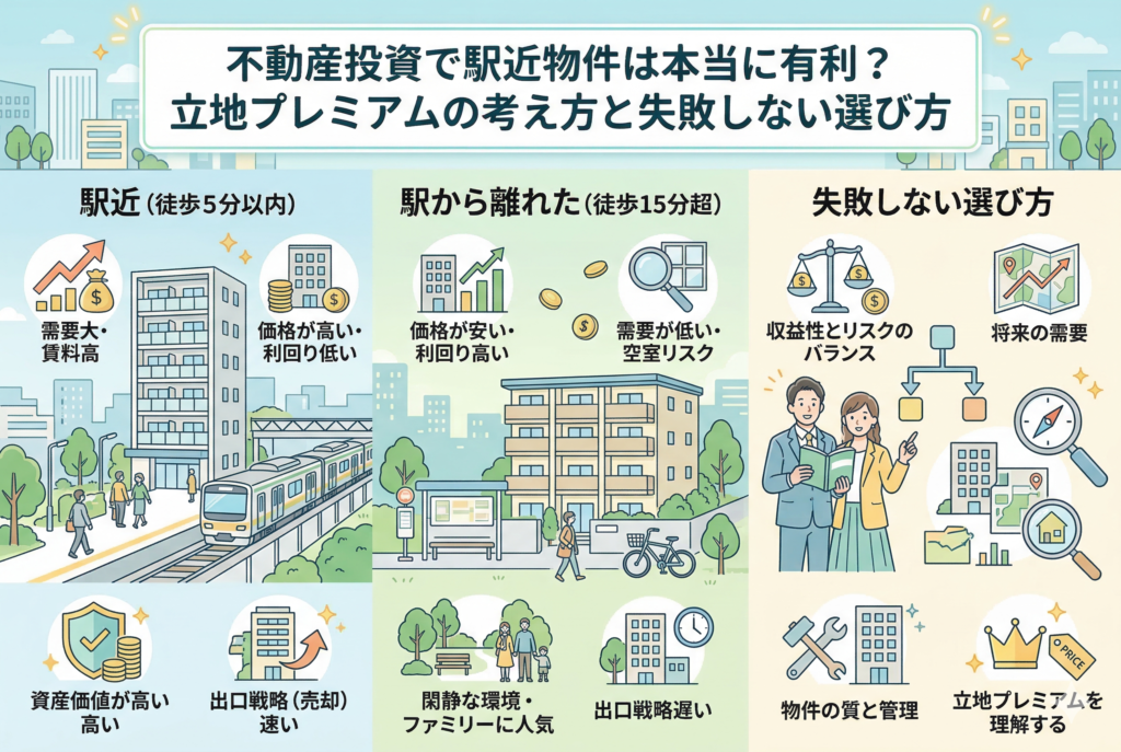 不動産投資における「駅近物件」と「駅から離れた物件」のメリット・デメリットを比較した解説イラスト。駅近の資産価値の高さや出口戦略の速さと、離れた物件の利回りの高さや静かな環境を対比し、収益性とリスクのバランス、将来の需要、立地プレミアムの理解など、失敗しない選び方のポイントをインフォグラフィック形式で紹介している。