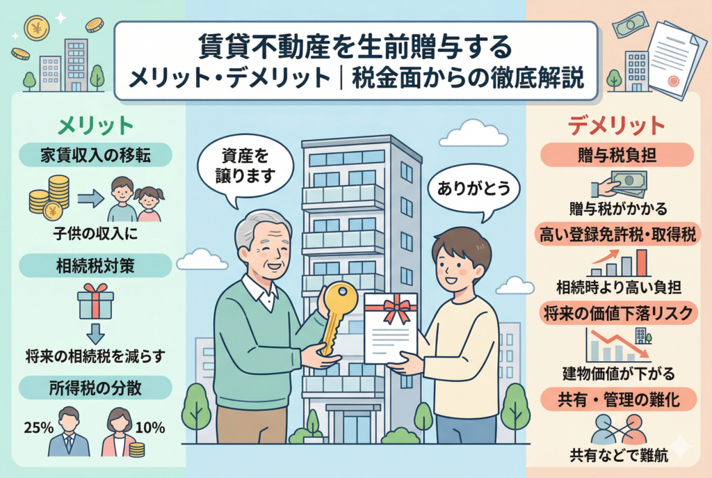 「賃貸不動産を生前贈与するメリット・デメリット｜税金面からの徹底解説」という記事タイトルが入ったインフォグラフィック画像。中央にはアパートの鍵を手渡す親子（親が「資産を譲ります」、子が「ありがとう」と言っている）のイラスト。左側（メリット）に「家賃収入の移転」「相続税対策」「所得税の分散」が緑色で、右側（デメリット）に「贈与税負担」「高い登録免許税・取得税」「将来の価値下落リスク」「共有・管理の難化」が赤色で、それぞれアイコンと共に図解されている。