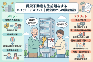 「賃貸不動産を生前贈与するメリット・デメリット｜税金面からの徹底解説」という記事タイトルが入ったインフォグラフィック画像。中央にはアパートの鍵を手渡す親子（親が「資産を譲ります」、子が「ありがとう」と言っている）のイラスト。左側（メリット）に「家賃収入の移転」「相続税対策」「所得税の分散」が緑色で、右側（デメリット）に「贈与税負担」「高い登録免許税・取得税」「将来の価値下落リスク」「共有・管理の難化」が赤色で、それぞれアイコンと共に図解されている。