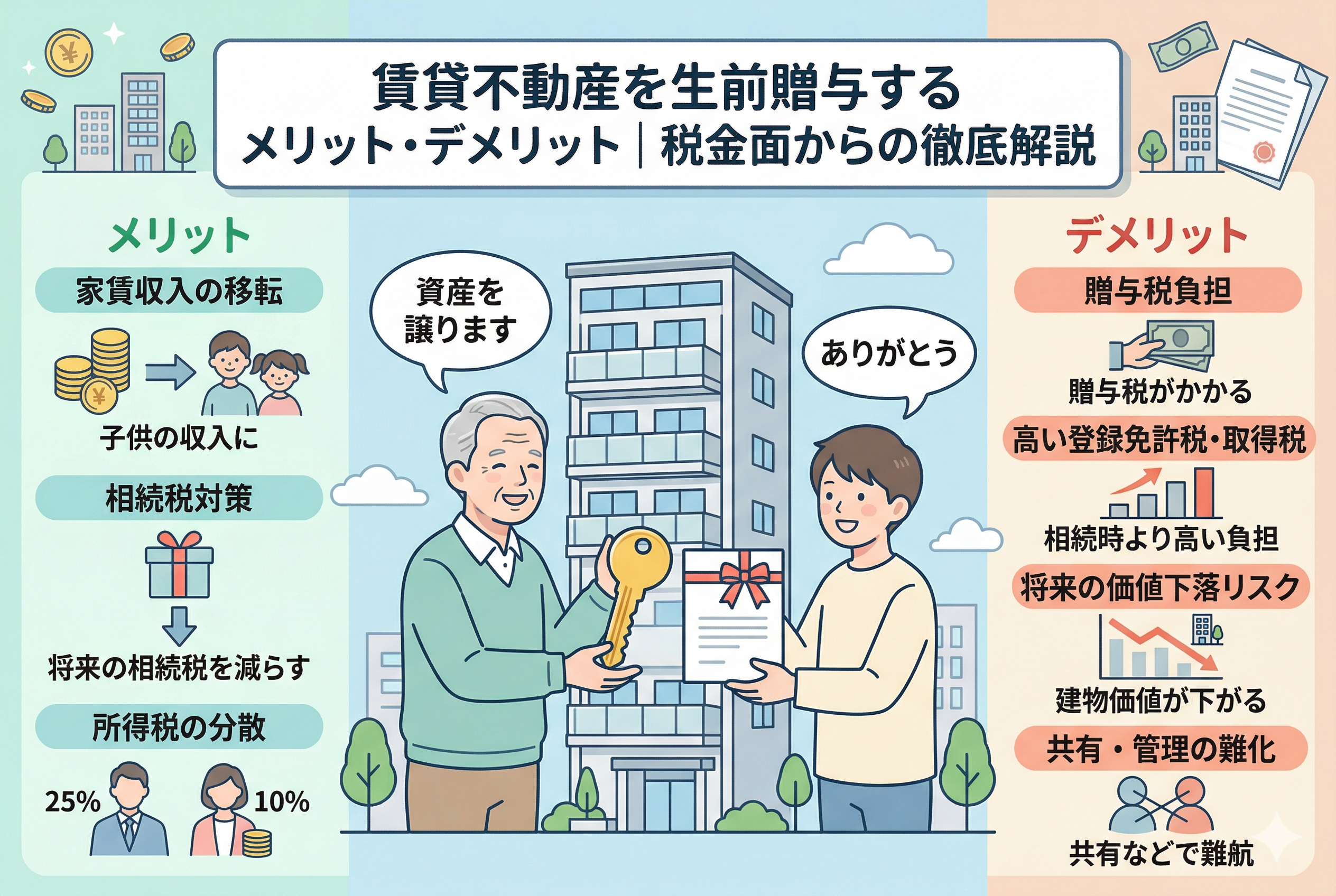 「賃貸不動産を生前贈与するメリット・デメリット｜税金面からの徹底解説」という記事タイトルが入ったインフォグラフィック画像。中央にはアパートの鍵を手渡す親子（親が「資産を譲ります」、子が「ありがとう」と言っている）のイラスト。左側（メリット）に「家賃収入の移転」「相続税対策」「所得税の分散」が緑色で、右側（デメリット）に「贈与税負担」「高い登録免許税・取得税」「将来の価値下落リスク」「共有・管理の難化」が赤色で、それぞれアイコンと共に図解されている。