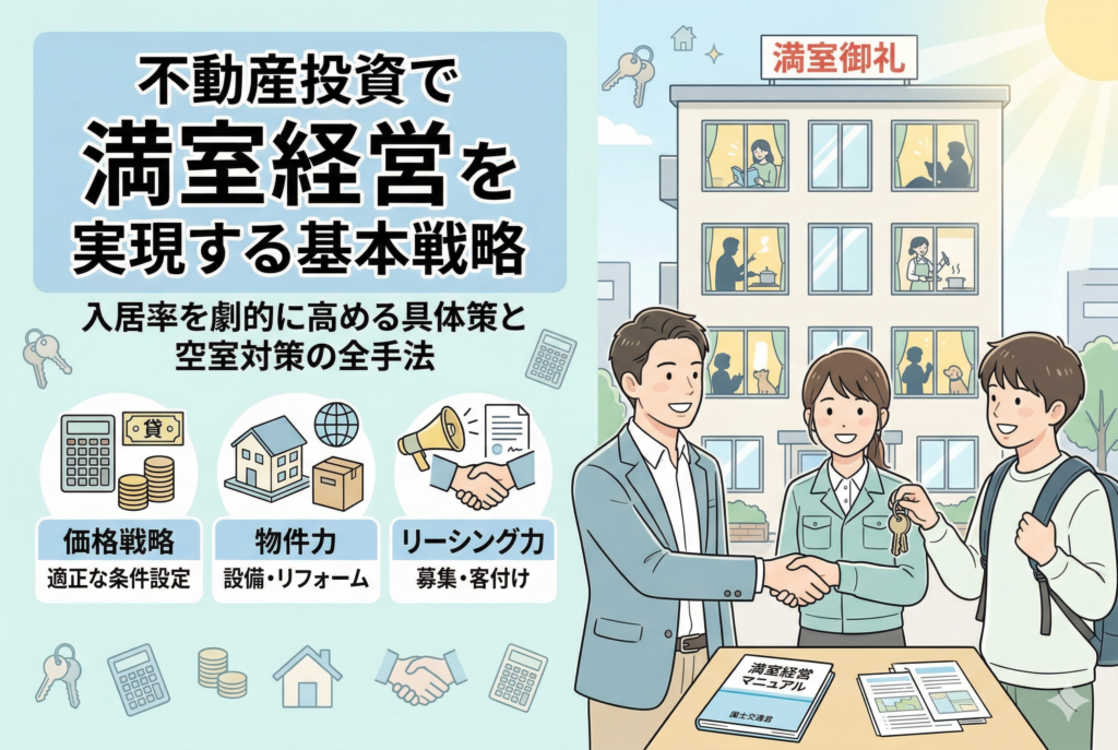 不動産投資の満室経営を実現するための3つの柱(価格戦略・物件力・リーシング力)を解説したイラスト。左側には各戦略のアイコンがあり、右側には窓に灯りがともる満室のマンションと、オーナーと入居者が笑顔で鍵の受け渡しや握手をする様子が描かれている。中央下部には「満室経営マニュアル」の冊子が置かれている。