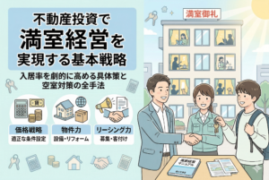 不動産投資の満室経営を実現するための3つの柱（価格戦略・物件力・リーシング力）を解説したイラスト。左側には各戦略のアイコンがあり、右側には窓に灯りがともる満室のマンションと、オーナーと入居者が笑顔で鍵の受け渡しや握手をする様子が描かれている。中央下部には「満室経営マニュアル」の冊子が置かれている。