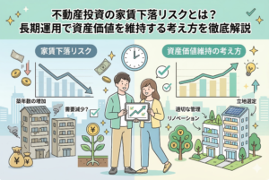 不動産投資の家賃下落リスクと資産価値維持の考え方を対比させたイラスト。左側には築年数の増加や需要減少による家賃の下落（下向きのグラフ）を、右側には適切な管理・リノベーション・立地選定による価値の維持（上向きのグラフ）を描いています。中央では男女の投資家が上昇グラフの載ったタブレットを笑顔で確認しており、記事タイトルの文字が添えられています。