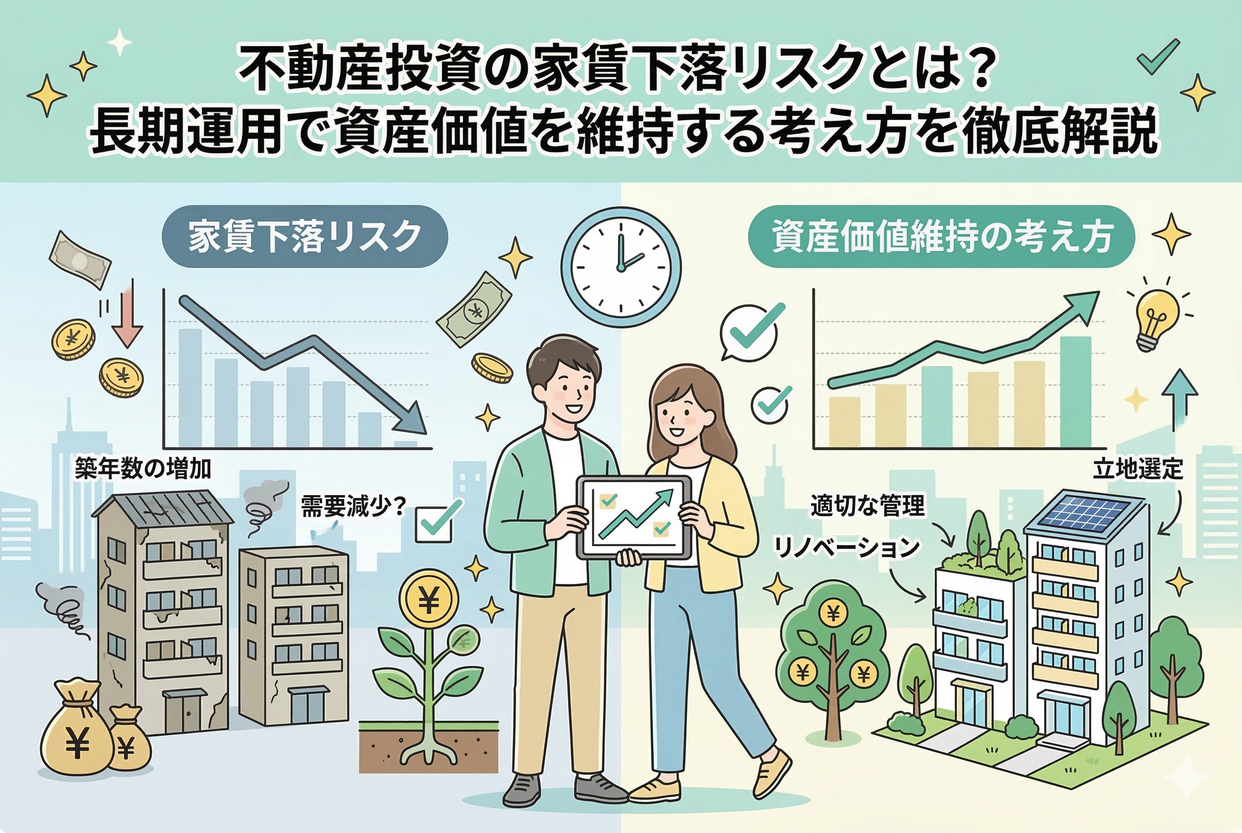 不動産投資の家賃下落リスクと資産価値維持の考え方を対比させたイラスト。左側には築年数の増加や需要減少による家賃の下落（下向きのグラフ）を、右側には適切な管理・リノベーション・立地選定による価値の維持（上向きのグラフ）を描いています。中央では男女の投資家が上昇グラフの載ったタブレットを笑顔で確認しており、記事タイトルの文字が添えられています。