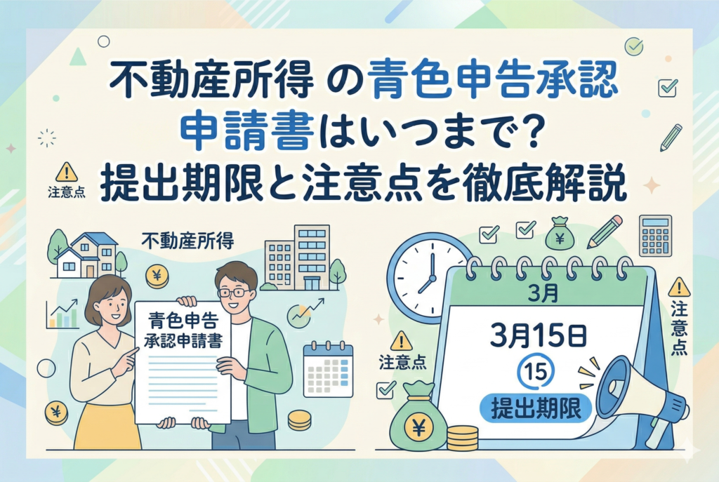 不動産所得の青色申告承認申請書の提出期限を解説するイラスト。3月15日と記されたカレンダーや、申請書を手にする男女、アパートやマンションのアイコンが描かれた、清潔感のある親しみやすいデザイン。