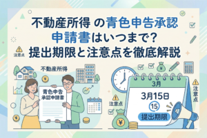 不動産所得の青色申告承認申請書の提出期限を解説するイラスト。3月15日と記されたカレンダーや、申請書を手にする男女、アパートやマンションのアイコンが描かれた、清潔感のある親しみやすいデザイン。