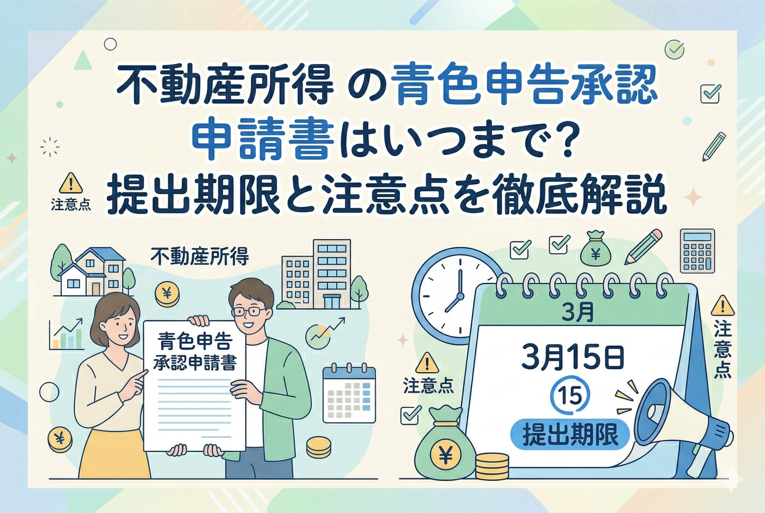 不動産所得の青色申告承認申請書の提出期限を解説するイラスト。3月15日と記されたカレンダーや、申請書を手にする男女、アパートやマンションのアイコンが描かれた、清潔感のある親しみやすいデザイン。