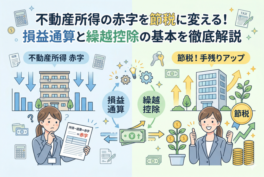 不動産所得の赤字を節税に活用する仕組みを解説するイラスト。左側には赤字の書類を見て悩む女性と下向きのグラフ、中央には「損益通算」と「繰越控除」のサイクル、右側には節税に成功して笑顔で親指を立てる女性と右肩上がりのグラフが対比で描かれています。上部には「不動産所得の赤字を節税に変える！損益通算と繰越控除の基本を徹底解説」のタイトル入り。