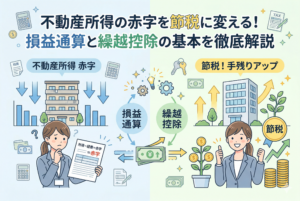 不動産所得の赤字を節税に活用する仕組みを解説するイラスト。左側には赤字の書類を見て悩む女性と下向きのグラフ、中央には「損益通算」と「繰越控除」のサイクル、右側には節税に成功して笑顔で親指を立てる女性と右肩上がりのグラフが対比で描かれています。上部には「不動産所得の赤字を節税に変える！損益通算と繰越控除の基本を徹底解説」のタイトル入り。