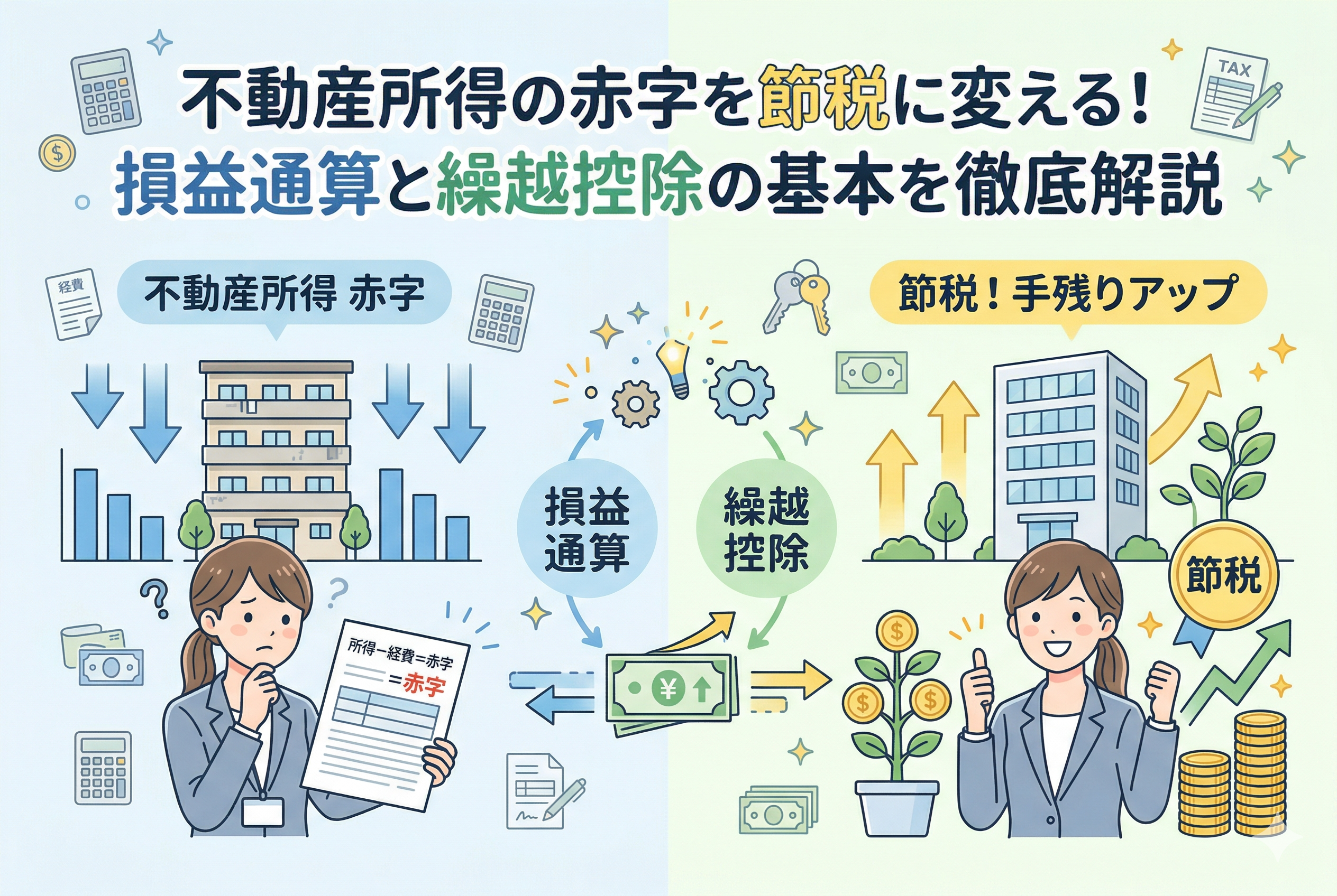 不動産所得の赤字を節税に活用する仕組みを解説するイラスト。左側には赤字の書類を見て悩む女性と下向きのグラフ、中央には「損益通算」と「繰越控除」のサイクル、右側には節税に成功して笑顔で親指を立てる女性と右肩上がりのグラフが対比で描かれています。上部には「不動産所得の赤字を節税に変える!損益通算と繰越控除の基本を徹底解説」のタイトル入り。