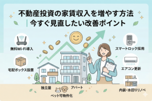 不動産投資で家賃収入を増やすための改善ポイントをまとめたイラスト図解。「無料Wi-Fi導入」「宅配ボックス設置」「ペット可物件化」「スマートロック採用」「エアコン更新」「内装・水回りリノベ」の6つの具体的な方法が、笑顔の女性大家と、収益が右肩上がりに伸びるグラフとともに描かれている。