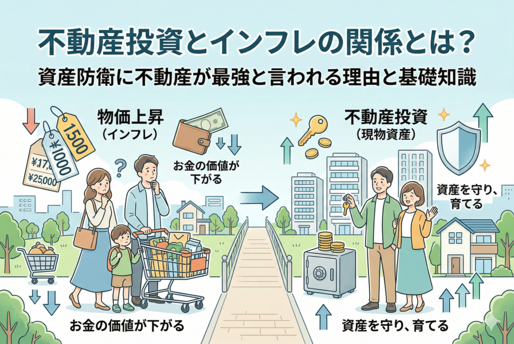 インフレによる物価上昇とお金の価値の下落を左側に、不動産投資（現物資産）による資産防衛を右側に描いた比較イラスト。買い物カートを持つ家族が値上げに困惑する様子と、不動産を所有して笑顔で資産を守るカップルの対びを通じて、インフレ対策としての不動産投資の重要性を図解している。