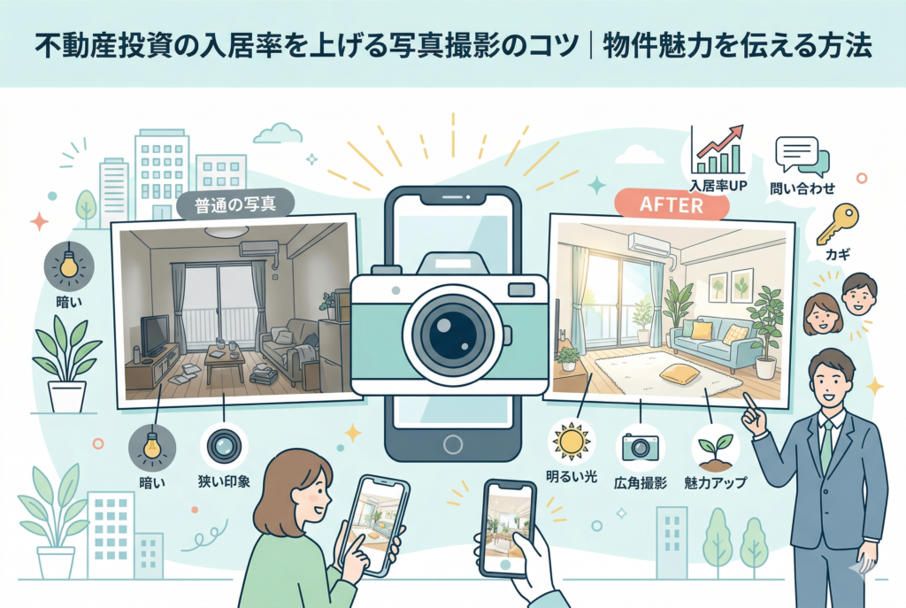 不動産投資において、空室対策や入居率UPに直結する物件写真撮影のコツを比較解説するインフォグラフィック画像。暗く狭い印象の Before(普通の写真)と、明るい光、広角撮影、ホームステージングで物件の魅力を最大化した After写真を比較。中心に大きなカメラとスマートフォンがあり、右側には入居率UPや問い合わせ、笑顔の不動産会社スタッフと入居者が描かれている。