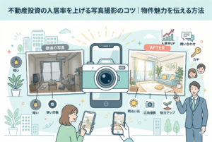 不動産投資において、空室対策や入居率UPに直結する物件写真撮影のコツを比較解説するインフォグラフィック画像。暗く狭い印象の Before（普通の写真）と、明るい光、広角撮影、ホームステージングで物件の魅力を最大化した After写真を比較。中心に大きなカメラとスマートフォンがあり、右側には入居率UPや問い合わせ、笑顔の不動産会社スタッフと入居者が描かれている。