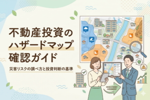 「不動産投資のハザードマップ確認ガイド」という大きな見出しと共に、タブレットを使って地図上の災害リスクをチェックする男女のビジネスパーソンを描いた、清潔感のあるイラスト。