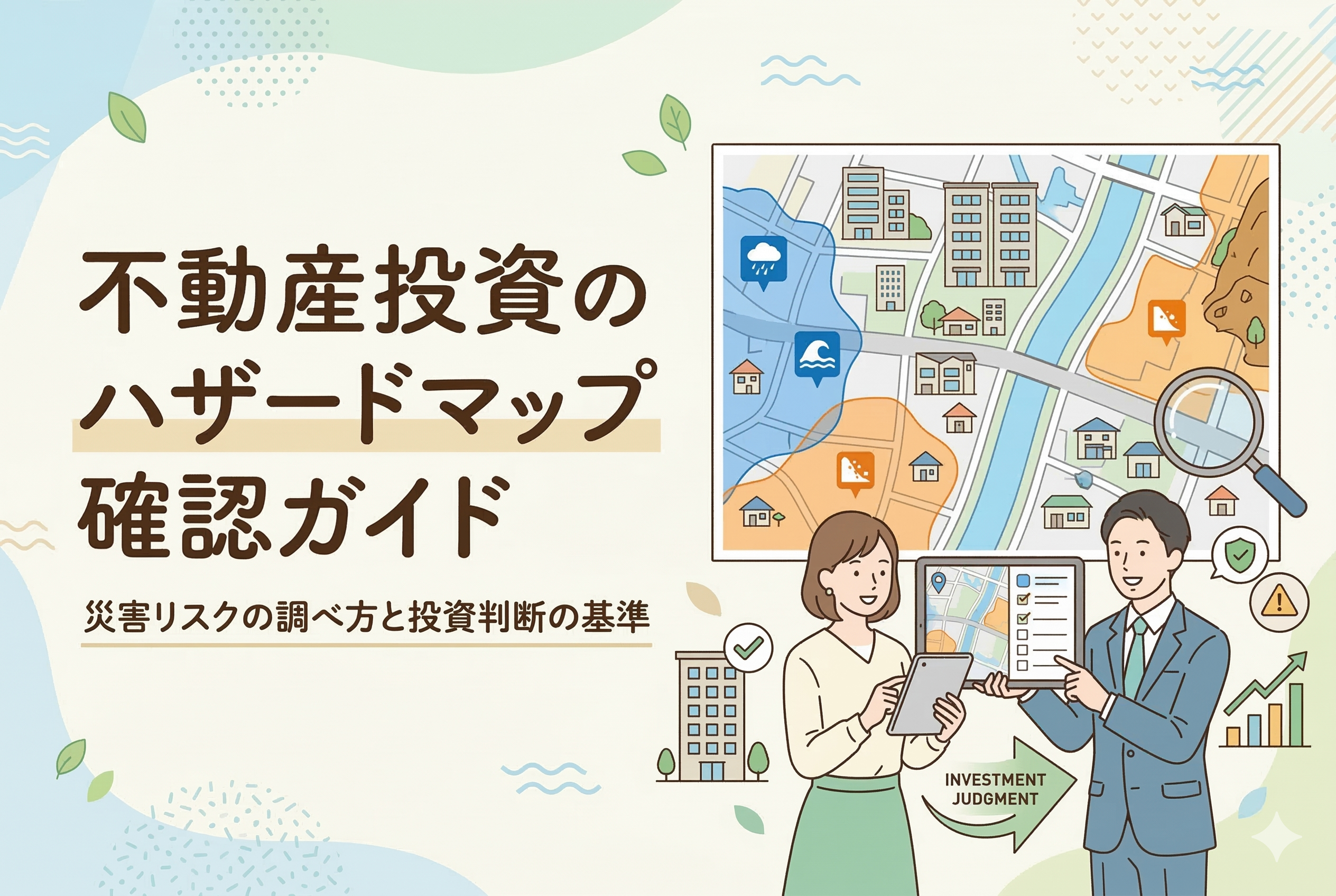 「不動産投資のハザードマップ確認ガイド」という大きな見出しと共に、タブレットを使って地図上の災害リスクをチェックする男女のビジネスパーソンを描いた、清潔感のあるイラスト。