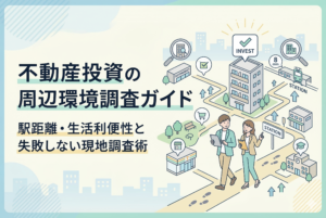 「不動産投資の周辺環境調査ガイド」という大きな見出しの横で、タブレットや資料を手に持ちながら、駅から物件までの道のりや周辺のコンビニ、スーパー、学校などの利便性をチェックする男女のイラスト。