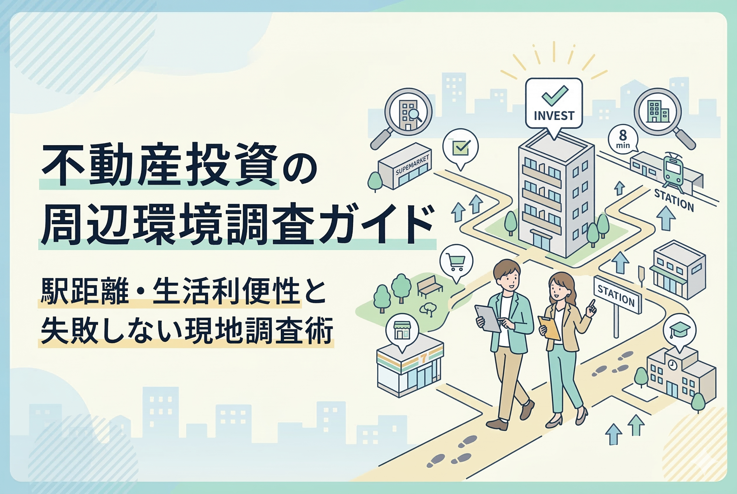 「不動産投資の周辺環境調査ガイド」という大きな見出しの横で、タブレットや資料を手に持ちながら、駅から物件までの道のりや周辺のコンビニ、スーパー、学校などの利便性をチェックする男女のイラスト。
