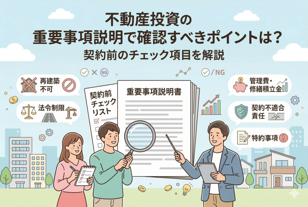 不動産投資の重要事項説明で確認すべきポイントを図解したアイキャッチ画像。初心者夫婦とプロアドバイザーが「重要事項説明書」を虫眼鏡やタブレットを使って精査している。周囲には、再建築不可、法令制限、管理費・修繕積立金、契約不適合責任、特約事項といった重要チェック項目のアイコンが日本語付きで配置されている。