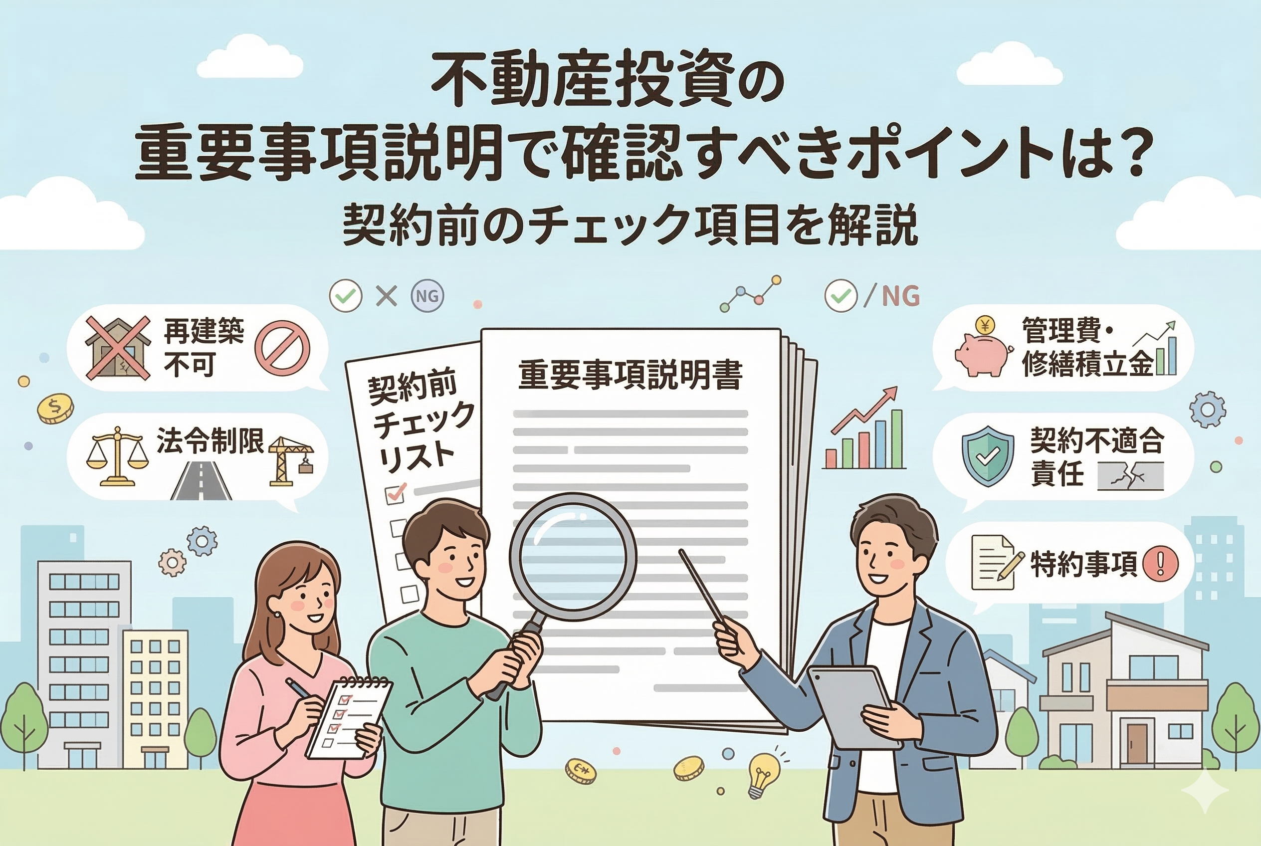 不動産投資の重要事項説明で確認すべきポイントを図解したアイキャッチ画像。初心者夫婦とプロアドバイザーが「重要事項説明書」を虫眼鏡やタブレットを使って精査している。周囲には、再建築不可、法令制限、管理費・修繕積立金、契約不適合責任、特約事項といった重要チェック項目のアイコンが日本語付きで配置されている。