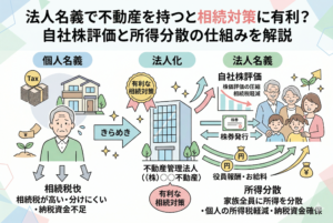 不動産投資の相続対策における個人名義と法人名義の比較図。個人名義では相続税が高く納税資金が不足しがちな一方、法人化することで「自社株評価の圧縮による相続税軽減」や「家族への役員報酬を通じた所得分散・納税資金の確保」が可能になる仕組みを分かりやすく図解しています。