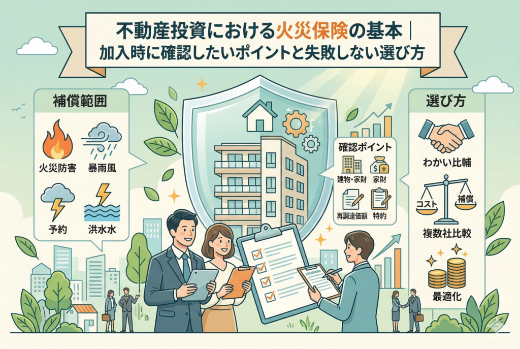 不動産投資における火災保険の基本と選び方を解説するインフォグラフィック。盾に守られたマンションを中心に、左側には火災・暴風雨・洪水などの補償範囲のアイコン、中央には再調達価額や特約などのチェックポイント、右側には複数社比較によるコストと補償のバランス(最適化)の手順が図解されている。手前では投資家と専門家がチェックリストを確認している様子が描かれている。