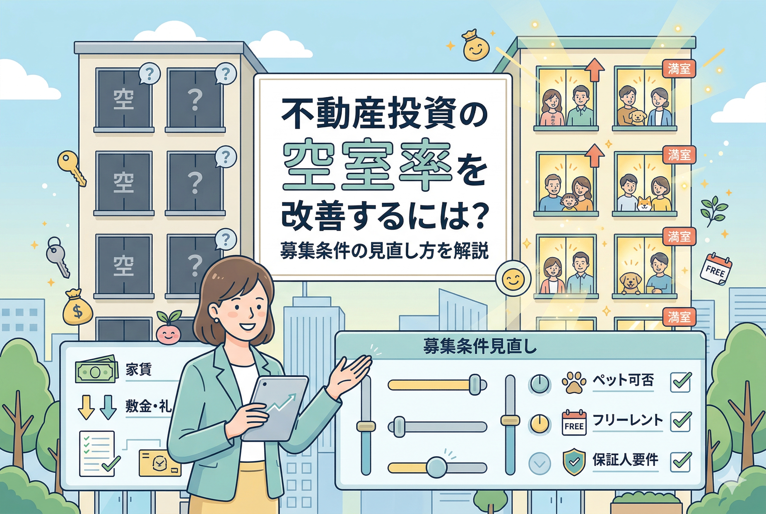 不動産投資における空室率の改善方法を解説したアイキャッチ画像。タイトルテキスト「不動産投資の空室率を改善するには?募集条件の見直し方を解説」の下、笑顔の大家さんの女性が、タブレットを手に「募集条件見直し」の具体的な項目(家賃、敷金・礼金の調整、ペット可否、フリーレント、保証人要件の緩和など)を提案している。背景には、空室の目立つ暗いアパートから、入居者で賑わう明るい満室アパートへと劇的に変わる様子が描かれ、空室対策のヒントを視覚的に表現している。