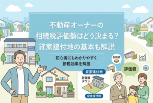 オーナーの相続税評価に関する解説画像。「不動産オーナーの相続税評価額はどう決まる？ 貸家建付地の基本も解説」というメインタイトルと、「初心者にもわかりやすく節税効果を解説」というサブタイトルが書かれている。左側には笑顔のオーナーとアパート・住宅、右側には笑顔の家族と、お金、グラフ、税金のアイコンがあり、「相続税」「評価額」という吹き出しがある。下部には、「貸家建付地」において「評価額ダウン」する仕組みがイラストと赤い矢印で解説されている。