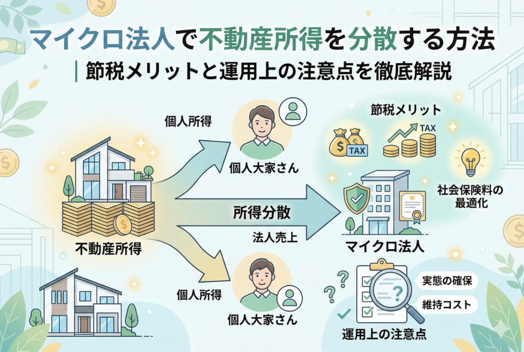 「マイクロ法人で不動産所得を分散する方法」という記事タイトルが書かれたアイキャッチ画像。不動産所得が個人（個人大家さん）とマイクロ法人に分散される仕組みと、節税や社会保険料最適化のメリット、維持コストなどの注意点を図解したイラスト。