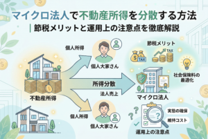 「マイクロ法人で不動産所得を分散する方法」という記事タイトルが書かれたアイキャッチ画像。不動産所得が個人（個人大家さん）とマイクロ法人に分散される仕組みと、節税や社会保険料最適化のメリット、維持コストなどの注意点を図解したイラスト。