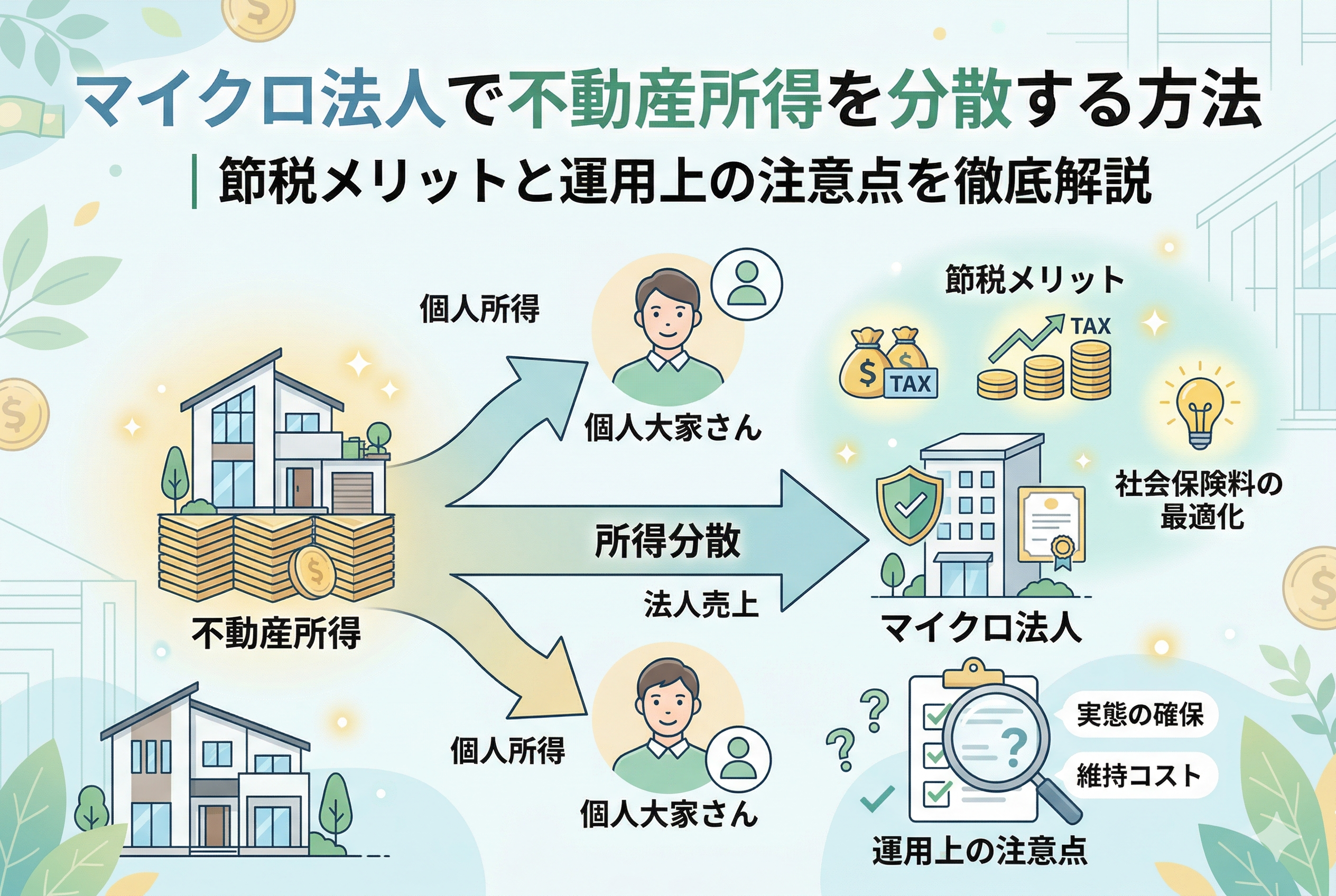 「マイクロ法人で不動産所得を分散する方法」という記事タイトルが書かれたアイキャッチ画像。不動産所得が個人(個人大家さん)とマイクロ法人に分散される仕組みと、節税や社会保険料最適化のメリット、維持コストなどの注意点を図解したイラスト。