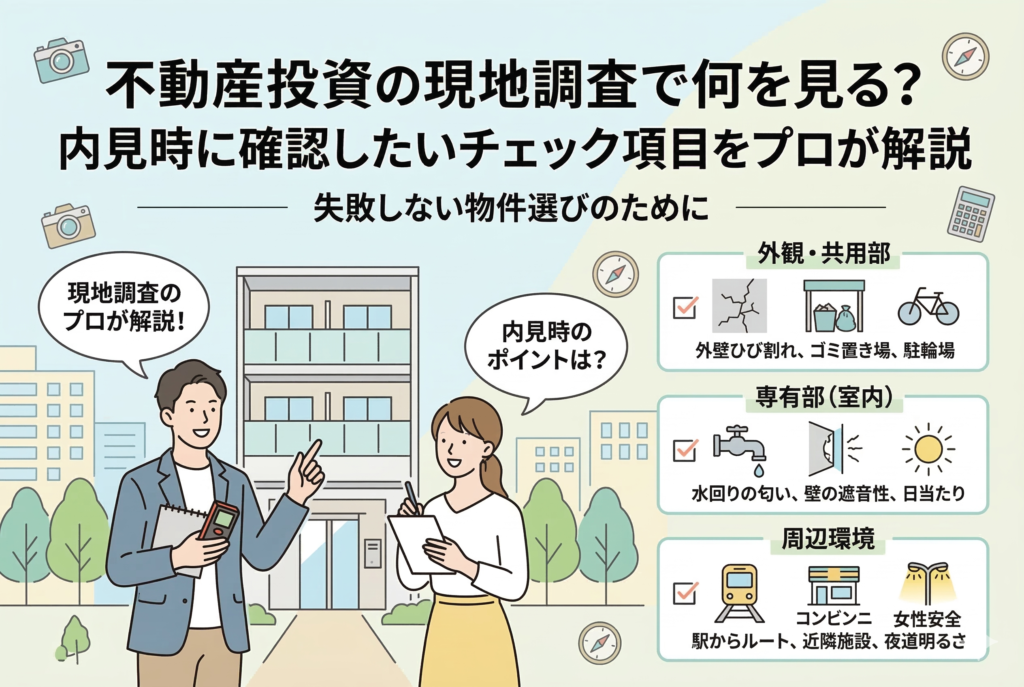 不動産投資の現地調査（内見）の重要ポイントを図解したアイキャッチ画像。建物の前でプロの解説者と初心者がチェックリストを確認しているイラスト。チェック項目として「外観・共用部（ひび割れ、ゴミ置き場）」「専有部（水回り、遮音性）」「周辺環境（駅からのルート、夜道）」がアイコン付きで整理されている。