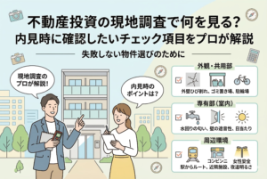 不動産投資の現地調査（内見）の重要ポイントを図解したアイキャッチ画像。建物の前でプロの解説者と初心者がチェックリストを確認しているイラスト。チェック項目として「外観・共用部（ひび割れ、ゴミ置き場）」「専有部（水回り、遮音性）」「周辺環境（駅からのルート、夜道）」がアイコン付きで整理されている。