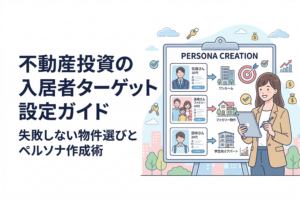 「不動産投資の入居者ターゲット設定ガイド」という大きな見出しと、ペルソナ作成ボードを前にタブレットを持つ女性イラスト。ボードには単身者、ファミリー、学生といった異なるターゲットと対応する物件タイプが描かれている。