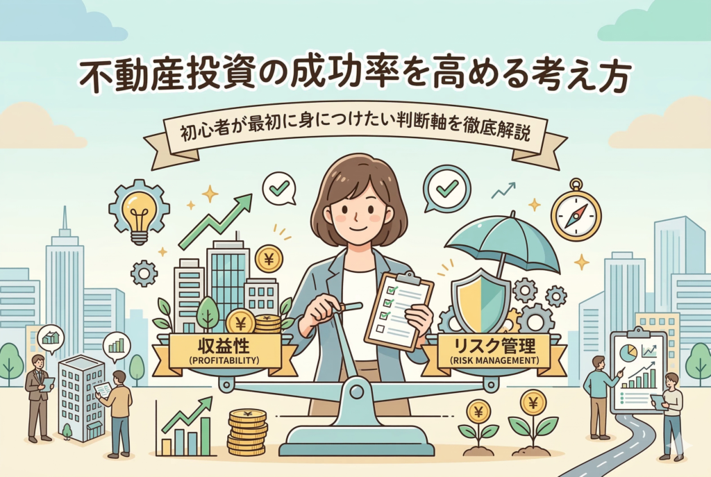 不動産投資の成功率を高める考え方を解説するイラスト。中央の女性が天秤を使って「収益性」と「リスク管理」のバランスを測っている様子を描いています。背景には羅針盤、盾と傘（守り）、ビル群、上昇グラフなどのアイコンが配置された、清潔感のあるアイキャッチ画像です。