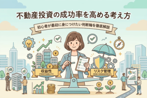 不動産投資の成功率を高める考え方を解説するイラスト。中央の女性が天秤を使って「収益性」と「リスク管理」のバランスを測っている様子を描いています。背景には羅針盤、盾と傘（守り）、ビル群、上昇グラフなどのアイコンが配置された、清潔感のあるアイキャッチ画像です。