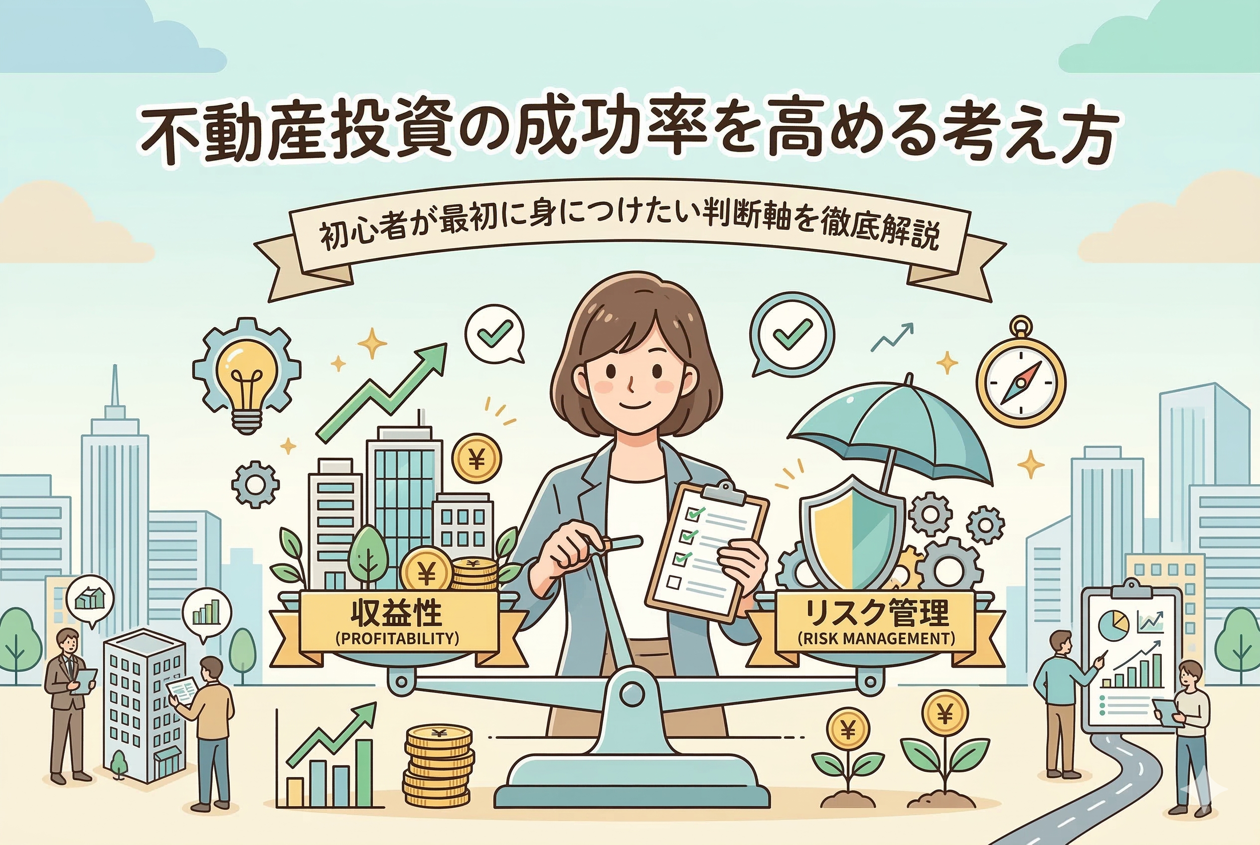 不動産投資の成功率を高める考え方を解説するイラスト。中央の女性が天秤を使って「収益性」と「リスク管理」のバランスを測っている様子を描いています。背景には羅針盤、盾と傘（守り）、ビル群、上昇グラフなどのアイコンが配置された、清潔感のあるアイキャッチ画像です。