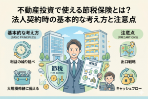 不動産法人の節税保険活用をイメージしたインフォグラフィック。中央に清潔感のあるビジネスパーソン、周囲に大規模修繕の工具箱、利益の繰り延べを表すサイクルアイコン、キャッシュフローの管理図などが配置され、戦略的な保険活用のポイントを整理した精緻なデザイン。