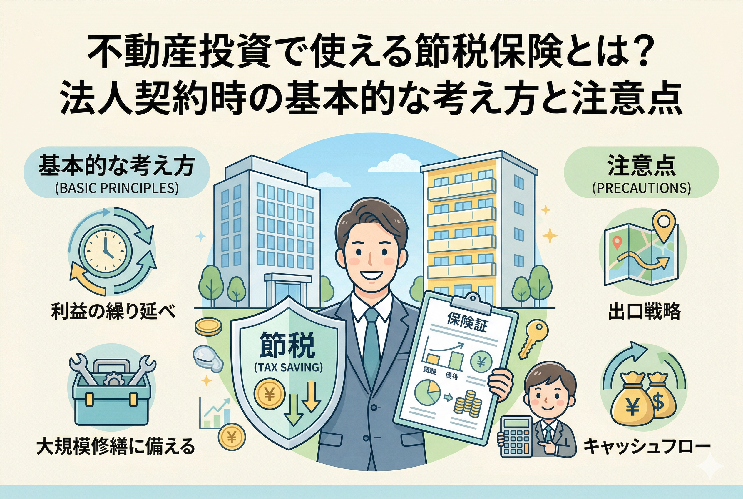 不動産法人の節税保険活用をイメージしたインフォグラフィック。中央に清潔感のあるビジネスパーソン、周囲に大規模修繕の工具箱、利益の繰り延べを表すサイクルアイコン、キャッシュフローの管理図などが配置され、戦略的な保険活用のポイントを整理した精緻なデザイン。