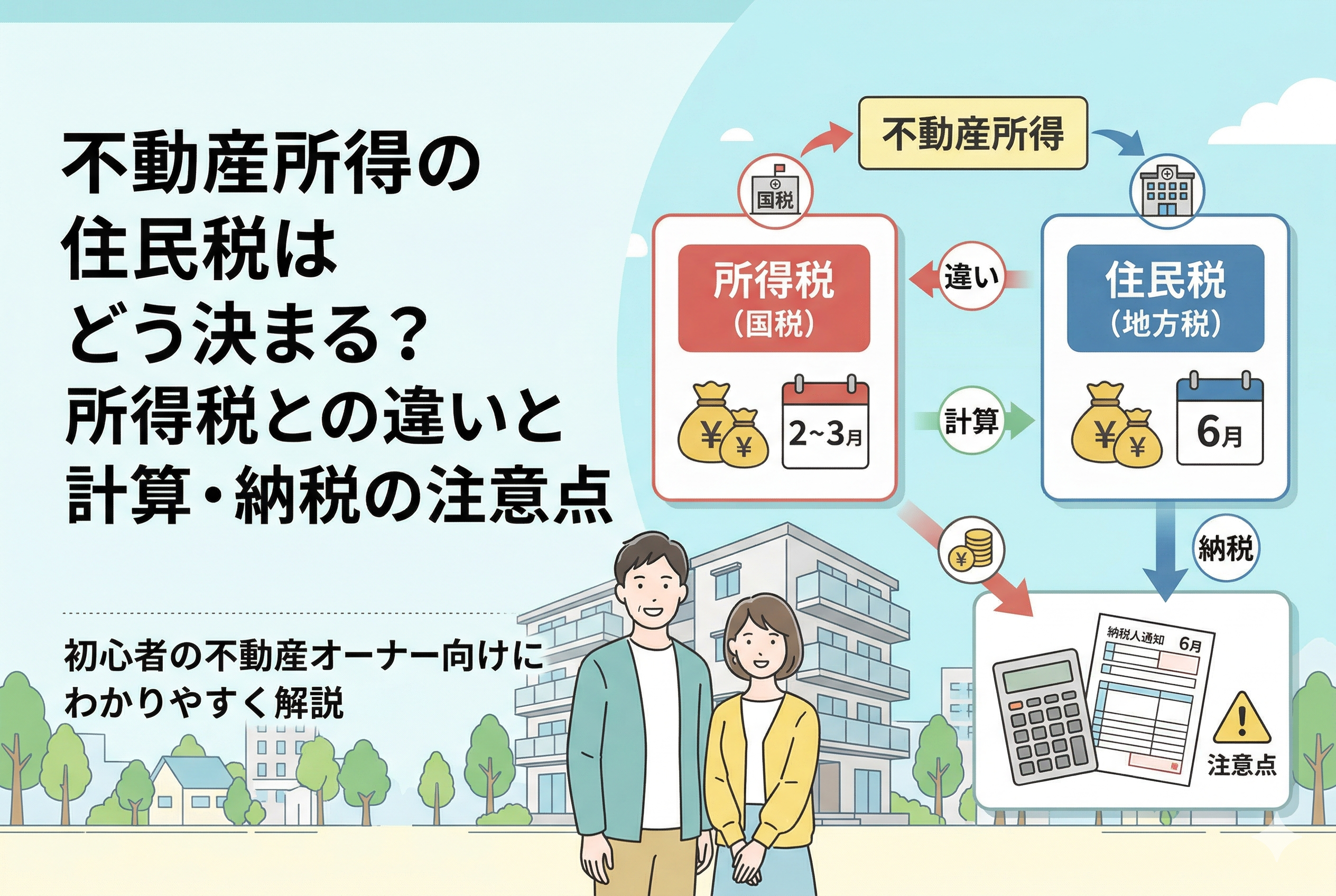 「不動産所得の住民税はどう決まる?」という記事タイトルが書かれたアイキャッチ画像。アパートの前で微笑むオーナー夫婦と、所得税(2月〜3月)から住民税(6月)へつながる計算の流れ、納税の注意点を示す図解イラスト。
