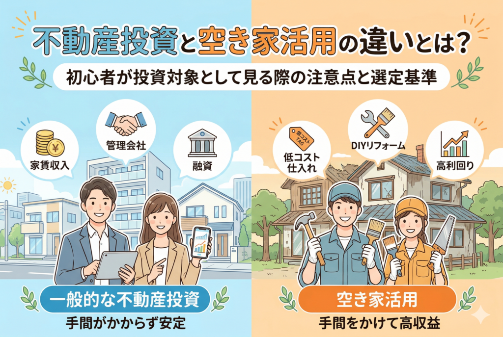 一般的な不動産投資と空き家活用の違いを左右で比較したイラスト。左側は「手間がかからず安定」をテーマに、スーツ姿の男女と近代的なアパート、家賃収入や融資のアイコンが描かれている。右側は「手間をかけて高収益」をテーマに、作業服でDIYに励む男女と古い戸建て、低コスト仕入れや高利回りのアイコンが描かれている。