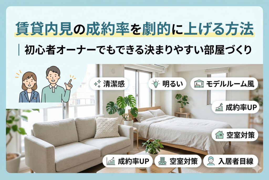 明るい木目調のインテリアで統一された賃貸物件のリビングルームとベッドルーム。清潔感のあるソファ、観葉植物、ベッドが配置され、モデルルームのように演出されています。左上には記事タイトル「賃貸内見の成約率を劇的に上げる方法|初心者オーナーでもできる決まりやすい部屋づくり」が掲載され、男性と女性のイラストが指を差してポイントを紹介しています。画像内には「清潔感」「明るい」「モデルルーム風」「成約率UP」「空室対策」「入居者目線」といったキーワードが、アイコン付きの吹き出しで配置されています。